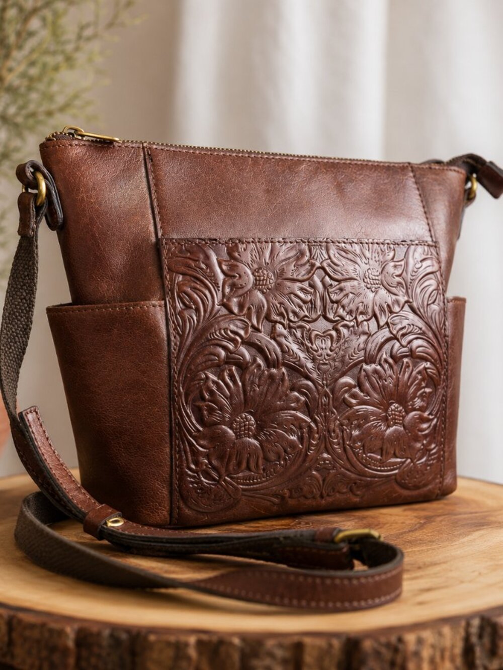 Patricia Nash Aveley Chestnut Tooled Leather Floral Crossbody Bag EUC